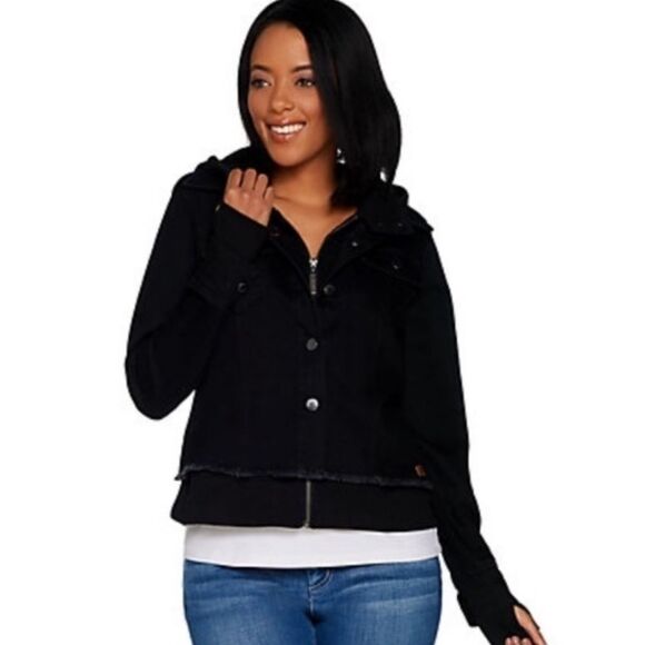 Peace Love World Denim Jacket French Terry Hoodie - Picture 1 of 6
